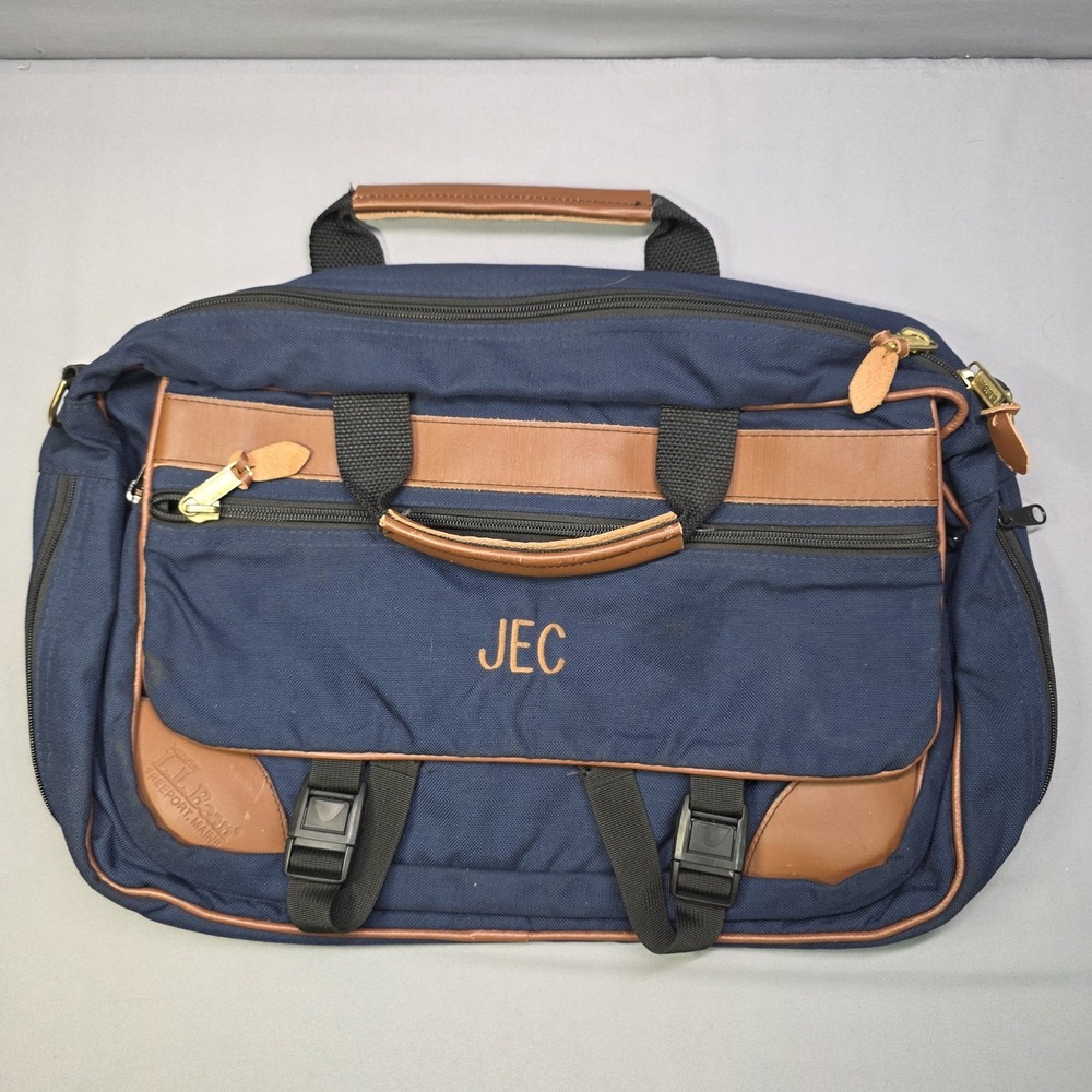 Vintage LL Bean Canvas Leather Messenger Laptop Bag Briefcase Blue & Tan Classic